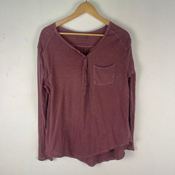 Free People Frontier Slub Knit Henley Tee Burgundy Marron Womens XS Relaxed Boho - Picture 3 of 10